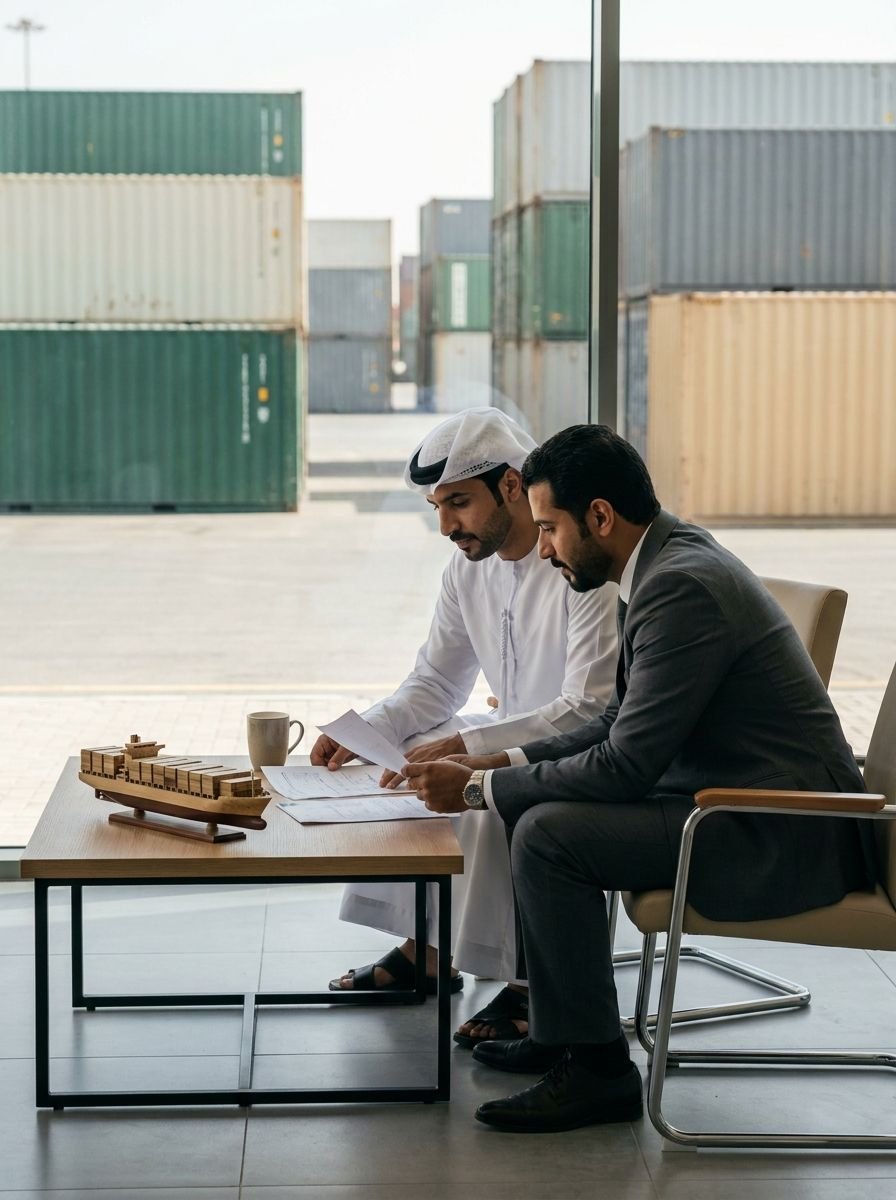 مخلص جمركي ومستورد يراجعان مستندات شحنة أمام ساحة حاويات
