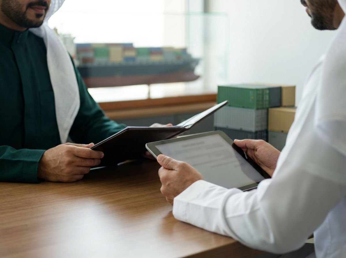 موظفان يراجعان مستندات شحنة على جهاز لوحي